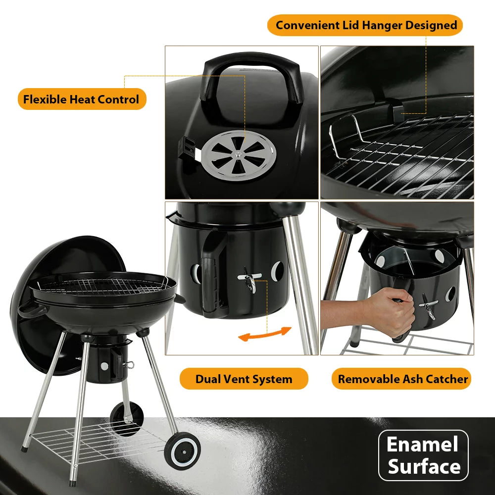 22" Round Portable Charcoal Kettle Grill With 2 Wheels, Black M5590