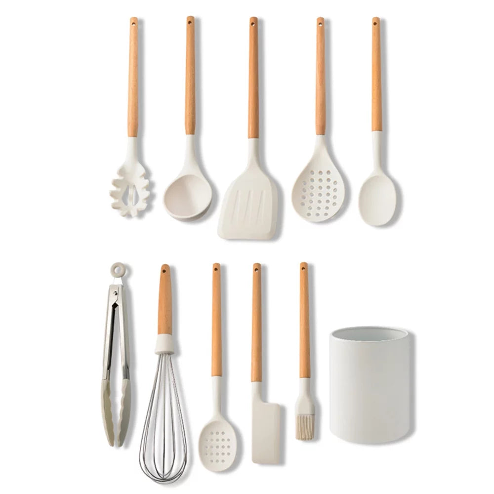 10 PCS Silicone Utensil Set Wooden Handle E311135