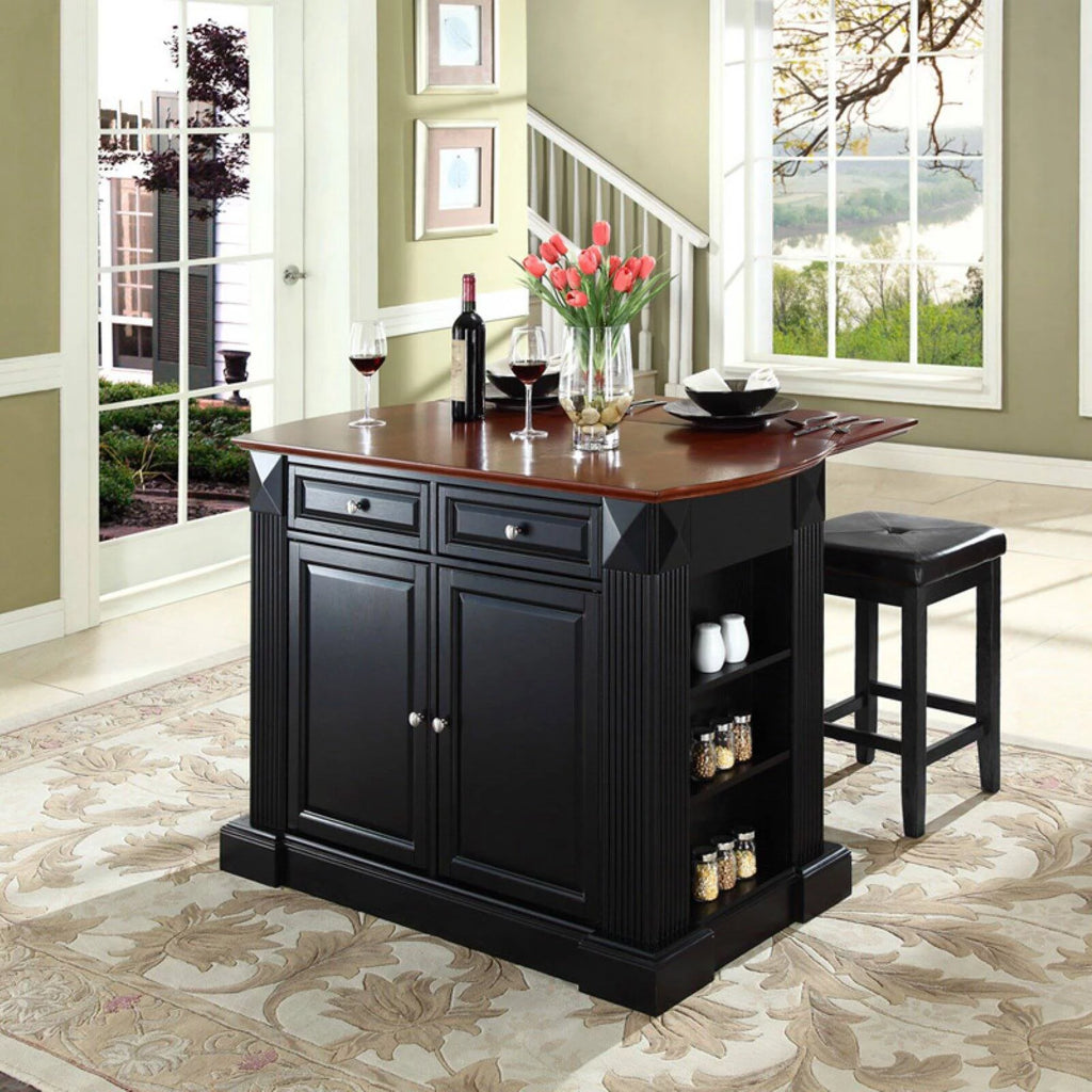 Drop Leaf Kitchen Island with Upholstered Square Seat Stools M54675