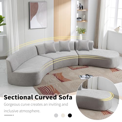 Grey Chenille Curved Sofa Sectional with Three Throw Pillows L9815