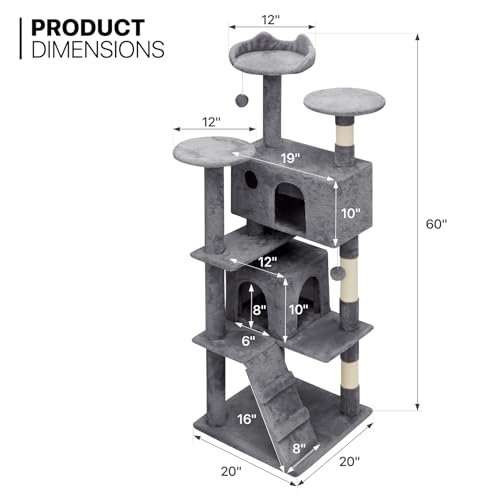 60 Inch Smoky Grey Cat Tree with 2 Cat Condo and Scratching Post G11491