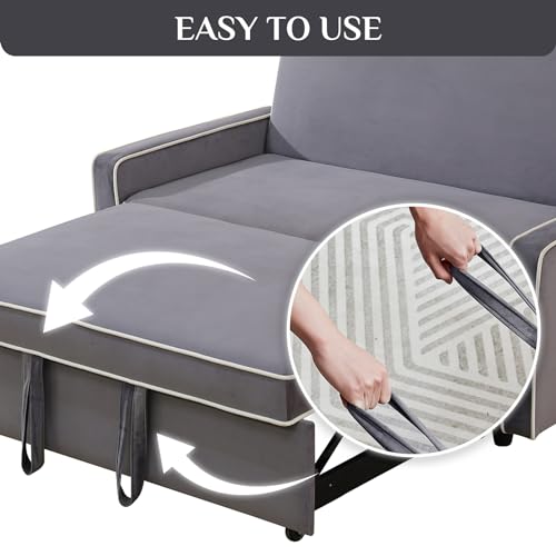 Grey 3 in 1 Convertible Sleeper Sofa with Pullout Bed Flannel 2 Seater Futon Loveseat Couch Bed O797033