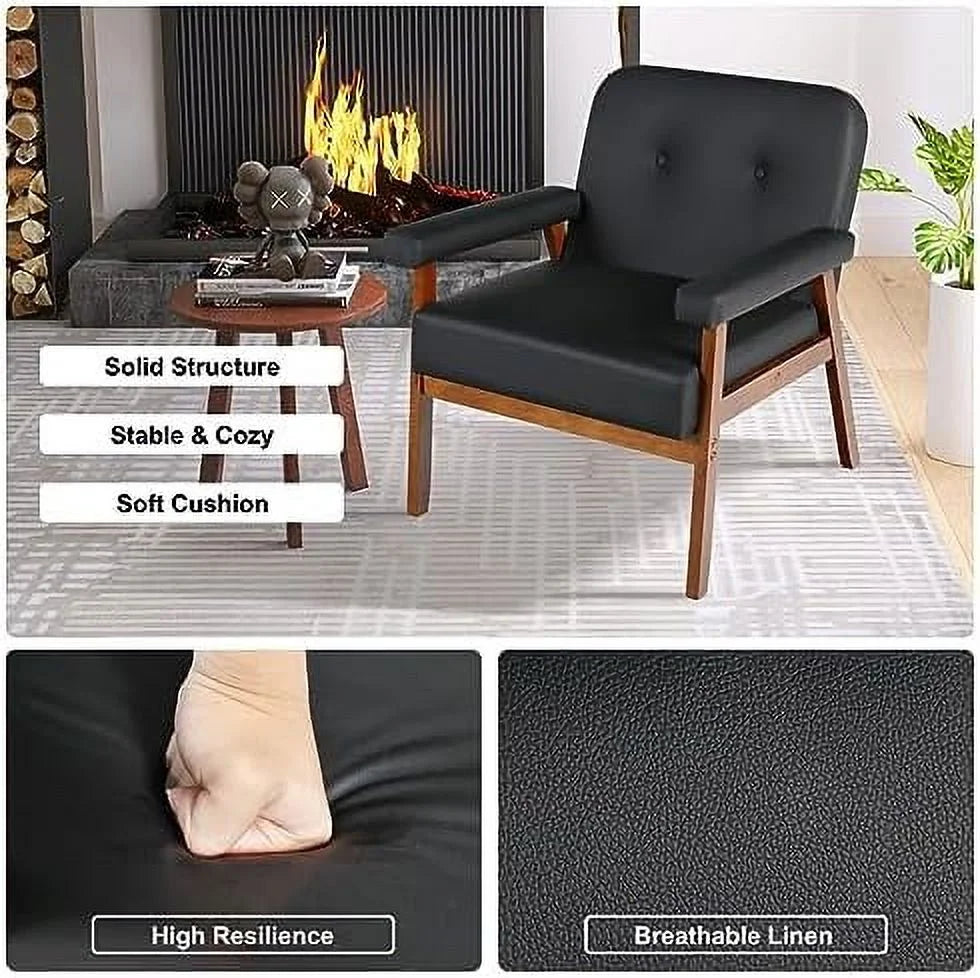 Black Faux Leather Accent Chairs Set of 2 with Wood Arms I3014