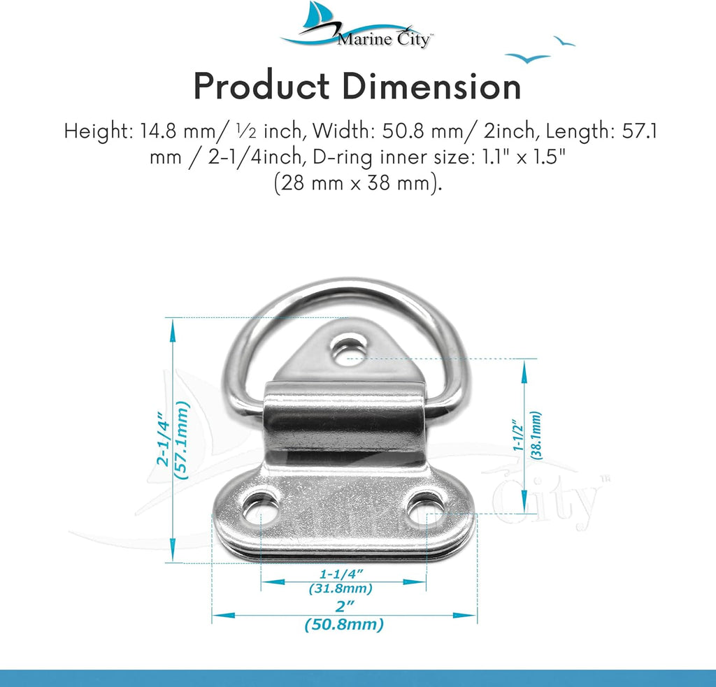 Stainless-Steel D-Shape Folding Pad Eye for Boat Yacht Motorboat Van Caravan Trailers Truck Marine Grade (2 Inches ×2-1/4 Inches) (2 PCS) A20022