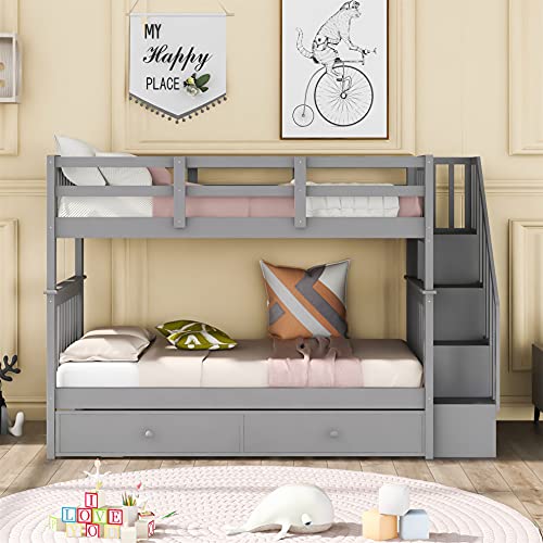 White Twin Over Twin Solid Wood Bunk Bed with Stairs and Trundle M7581