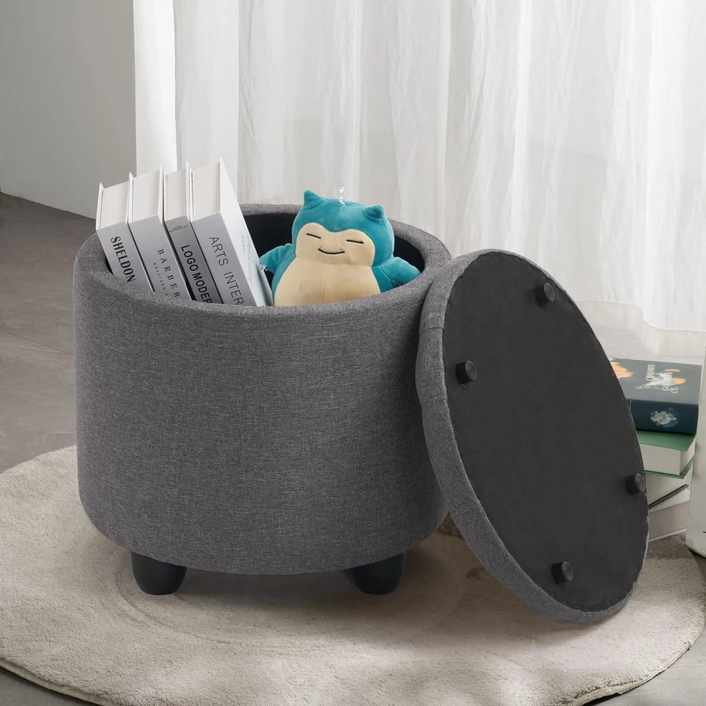 19" Round Storage Ottoman with Cover Lid Tufted PU Leather Fabric Ottoman Z588186