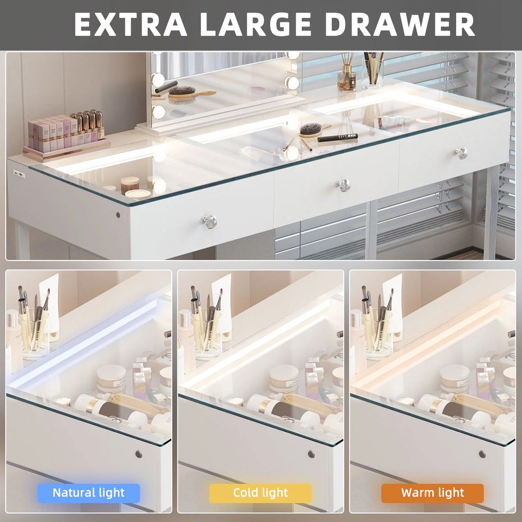 3-Drawer Vanity Table with LED Light and Charging Port L731