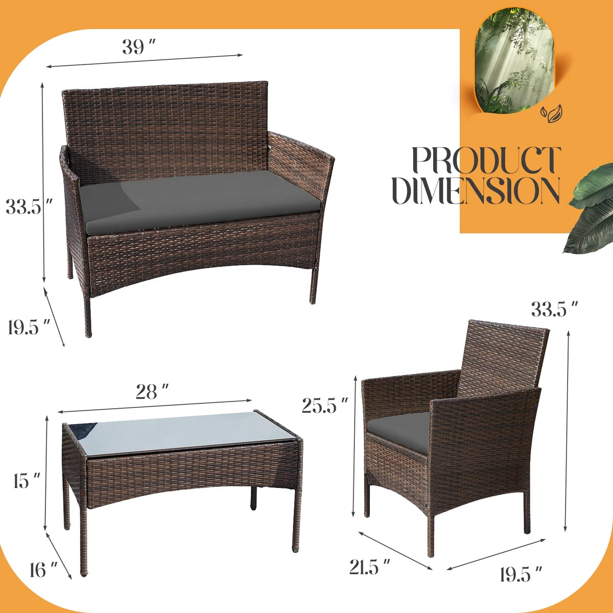 4 Pieces Brown PE Rattan Patio Conversation Set X151613