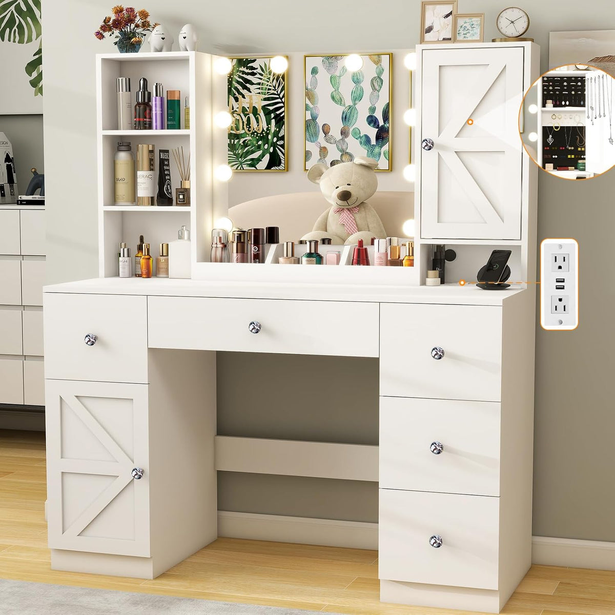 White 45" Makeup Vanity Desk with Lighted Mirror & Jewelry Cabinet, 5 Drawers X59232