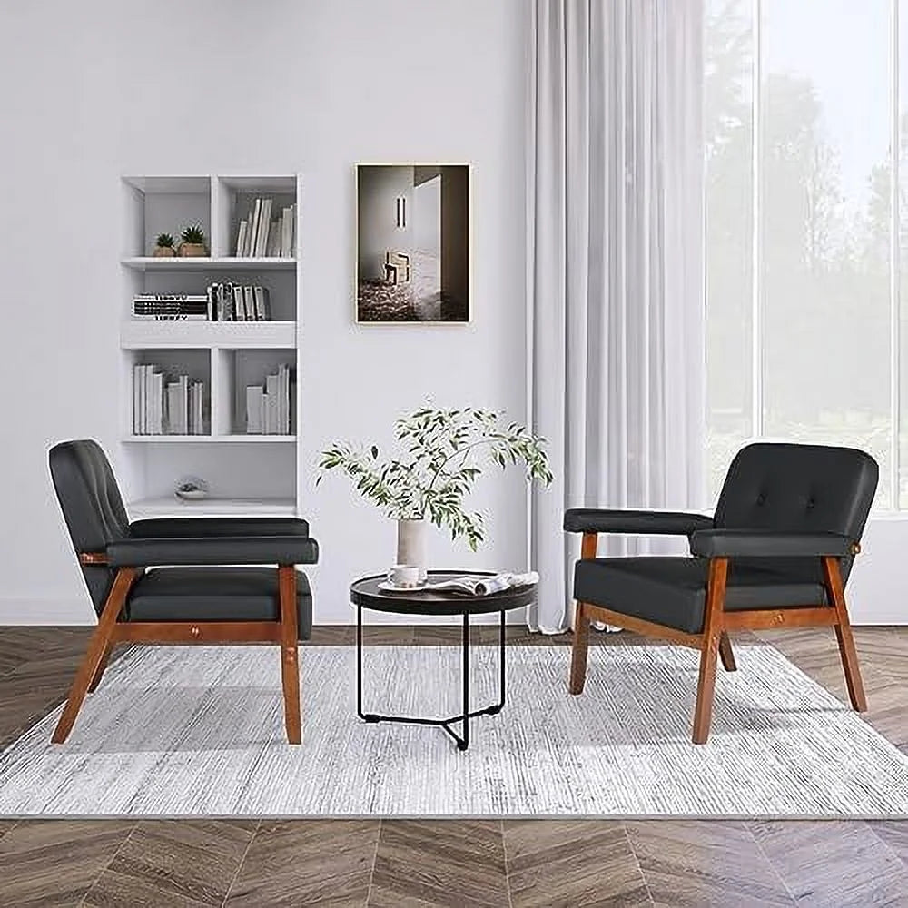 Black Faux Leather Accent Chairs Set of 2 with Wood Arms I3014
