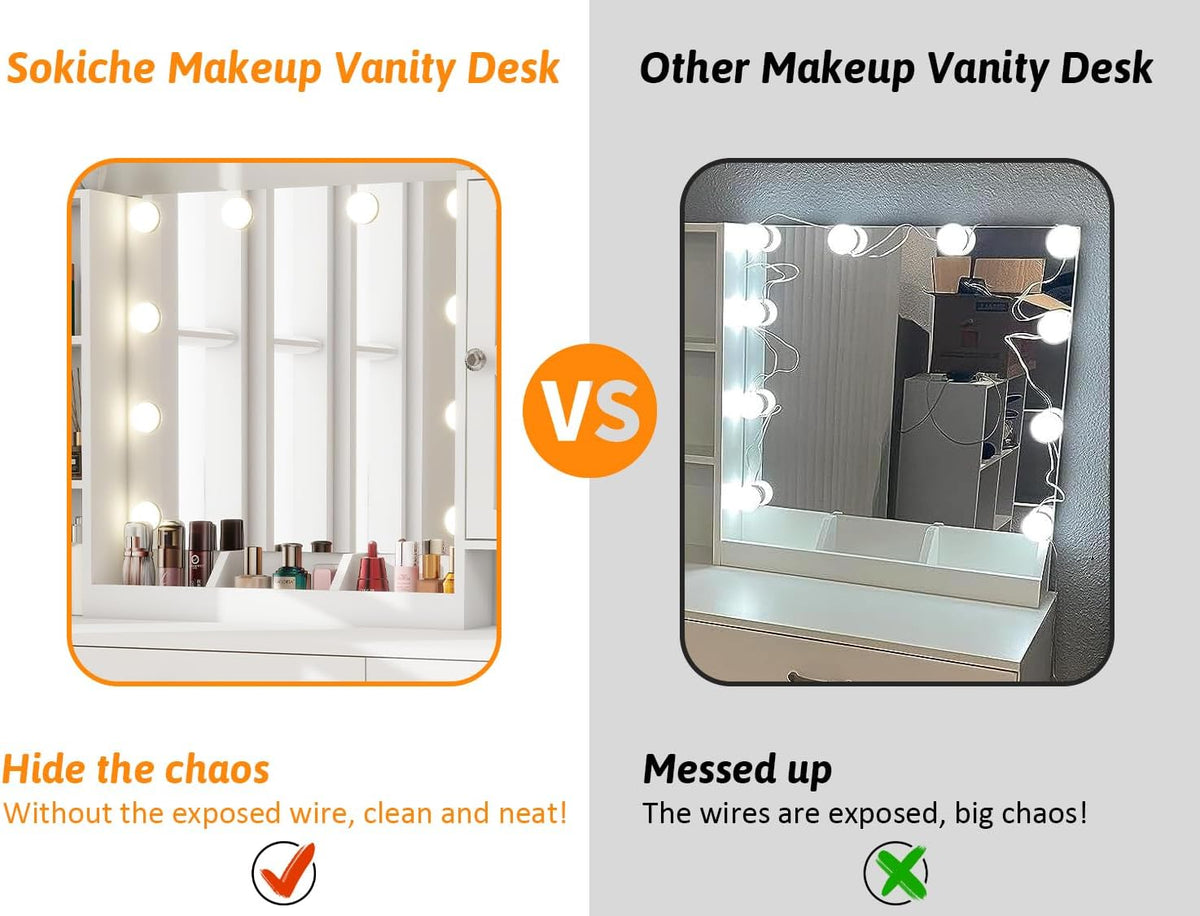 White 45" Makeup Vanity Desk with Lighted Mirror & Jewelry Cabinet, 5 Drawers X59232
