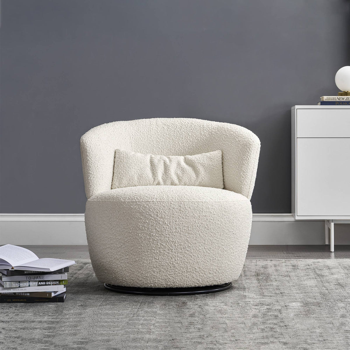 White Bouclé Swivel Chair B5635