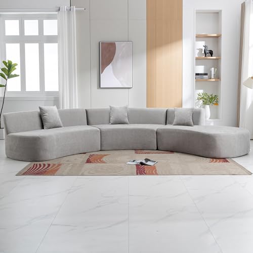 Grey Chenille Curved Sofa Sectional with Three Throw Pillows L9815