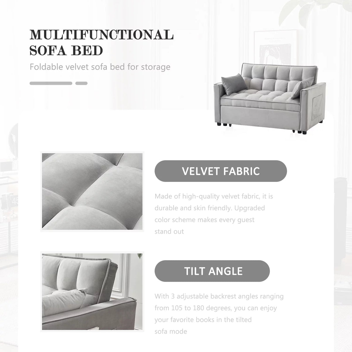 55.5'' Velvet Convertible Sleeper Sofa Bed M971827