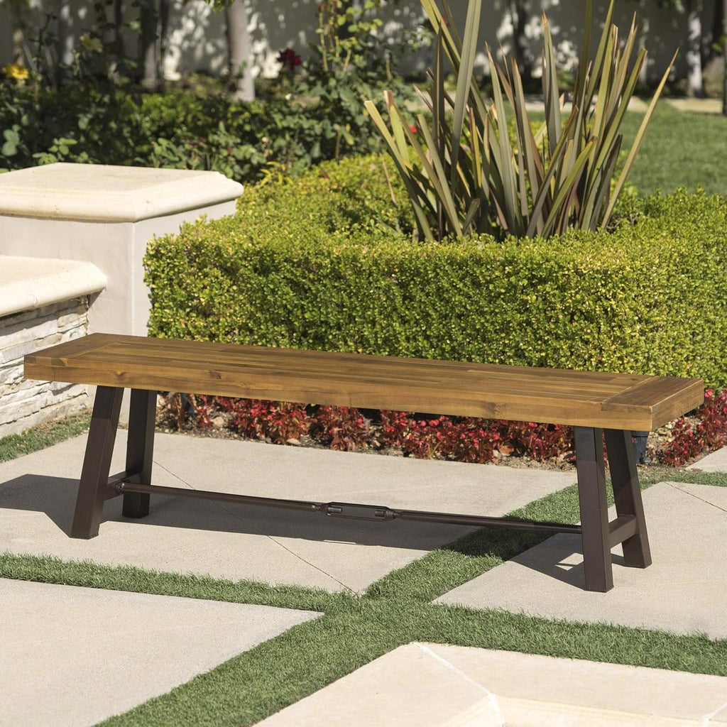 Teak Finish Acacia Wood Bench with Metal Accents P986