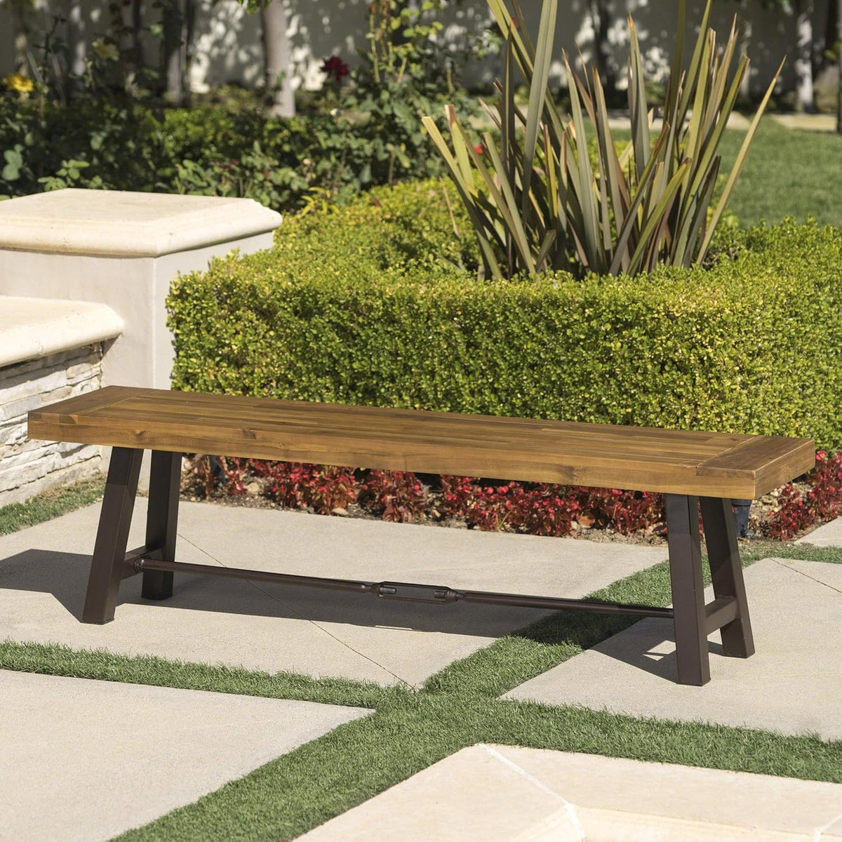 Teak Finish Acacia Wood Bench with Metal Accents P986