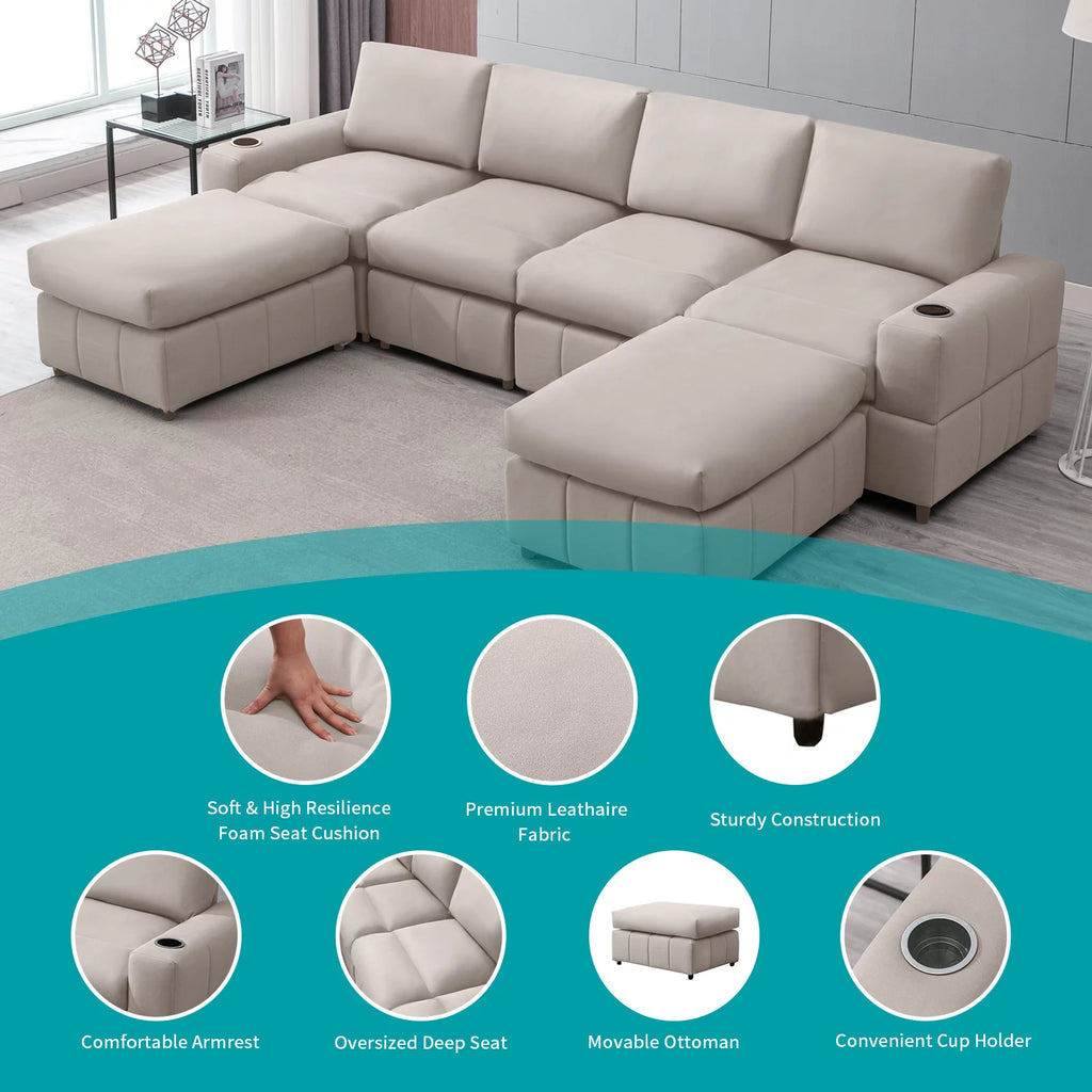Beige U Shaped Sectional Sofa with Ottomans X16314