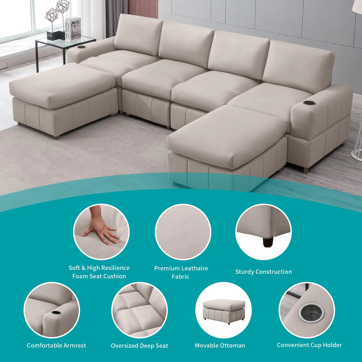 Beige U Shaped Sectional Sofa with Ottomans X16314