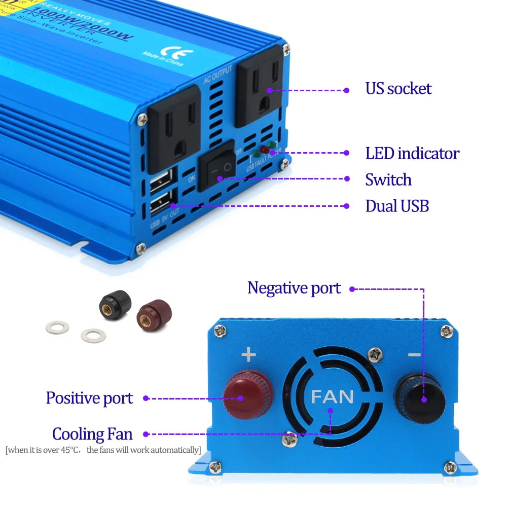 1000 Watts 2000 Watts Pure Sine Wave Power Inverter DC 12V to AC 110V 120V C44423