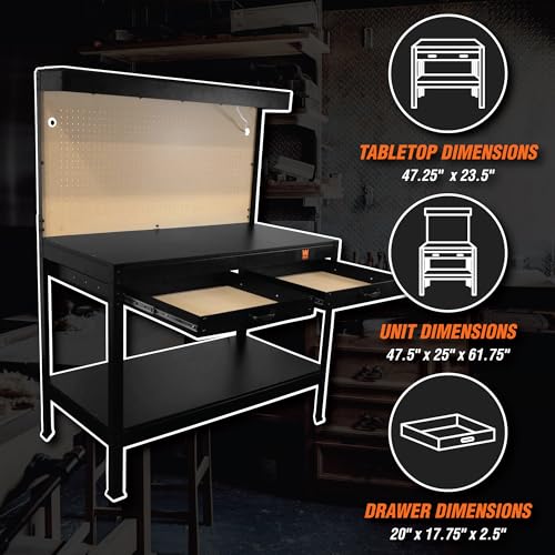 48-Inch Black Workbench with Power Outlets and Light E129