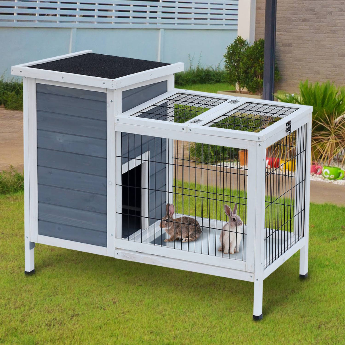 36x22 Raised Outdoor Wooden Rabbit Hutch with Enclosed Run P594983