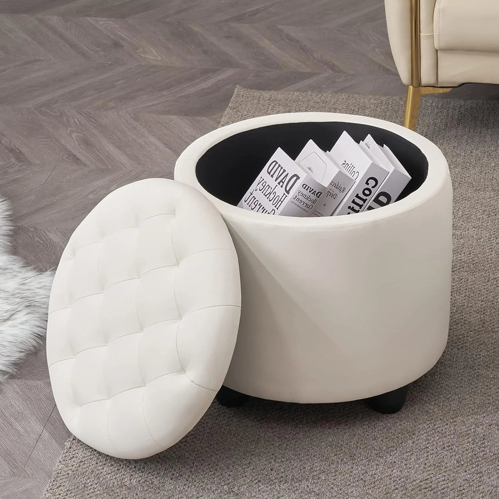 19" Round Storage Ottoman with Cover Lid Tufted PU Leather Fabric Ottoman Z588186