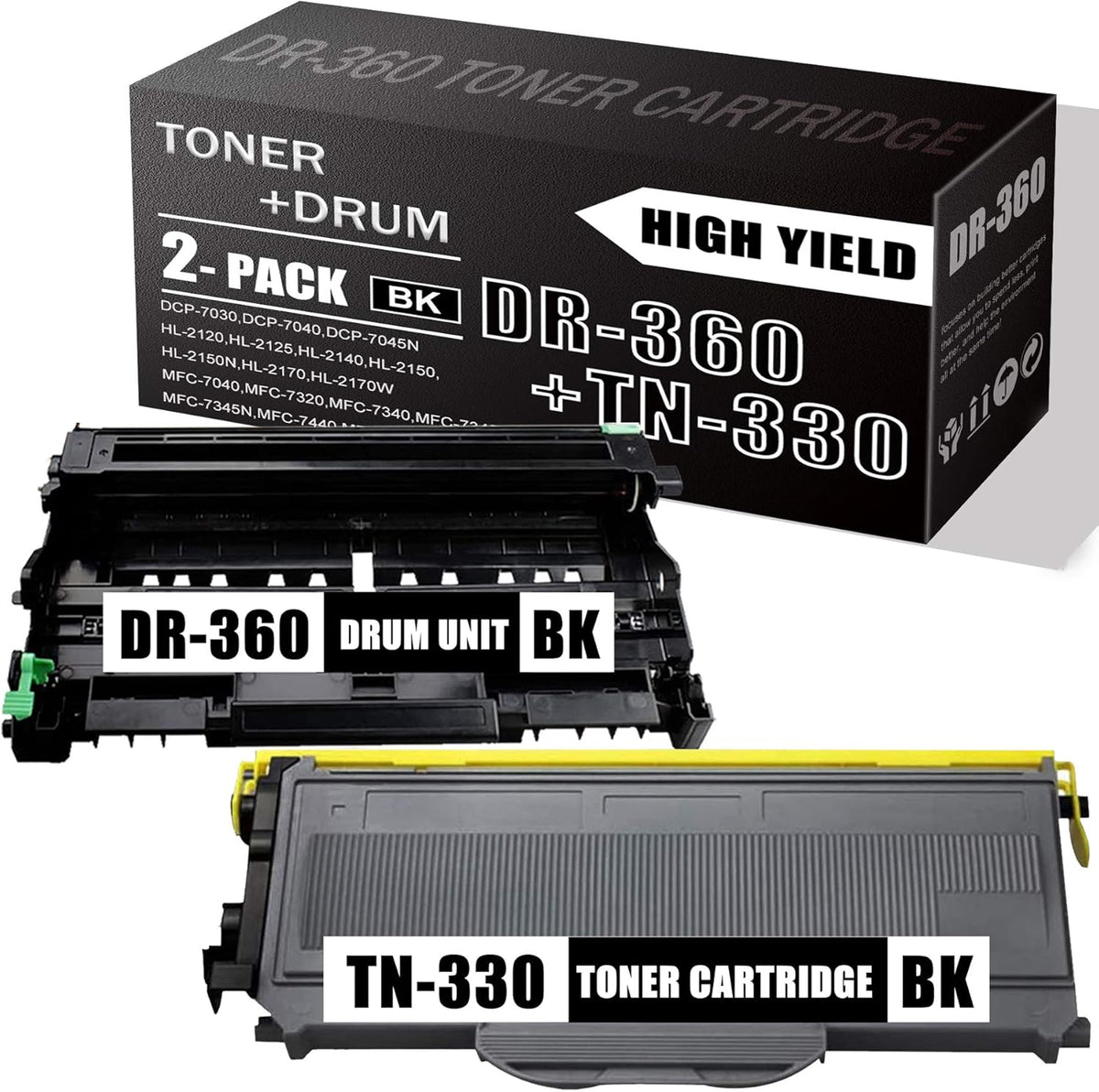 2 pks Black Drum Unit & Toner Cartridge for Brother Printer Series B345772