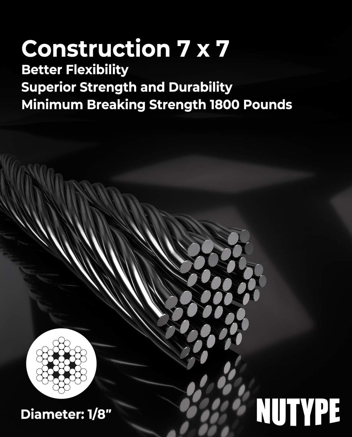 1/8 T316 Stainless Steel Cable, 7x7 Strand Core, 1000FT A93634