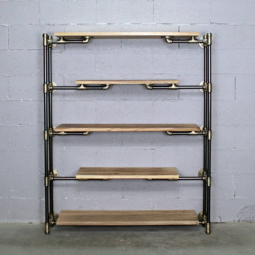 Modern Industrial Floating Tier Etagere Espresso and Hammered Black D4235