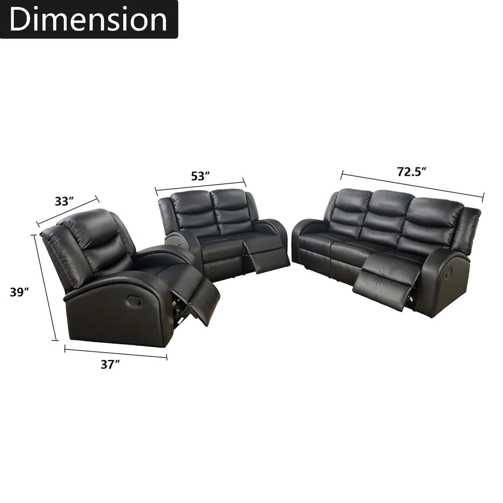Black Leather 3 Piece Reclining Sofa and Loveseat Set A72707