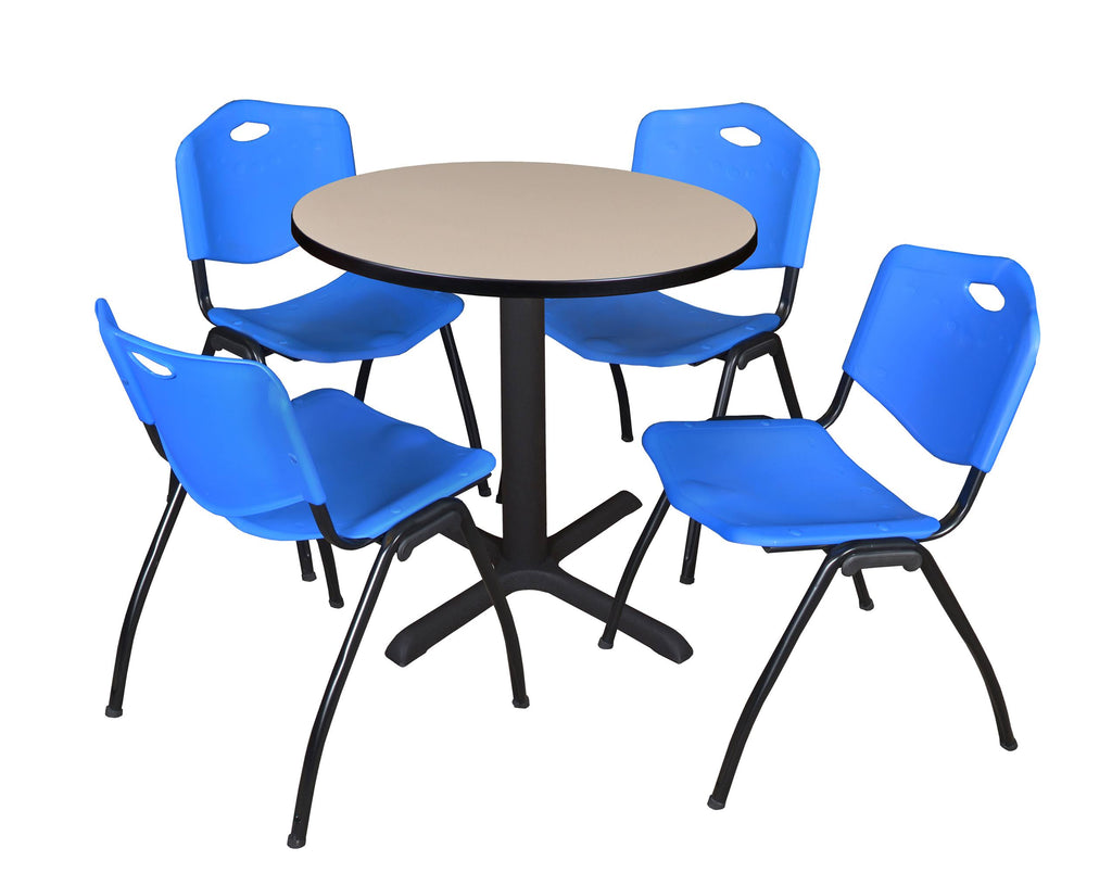 30x22 Round Breakroom Table Grey & 4 Stack Chairs Blue P2780