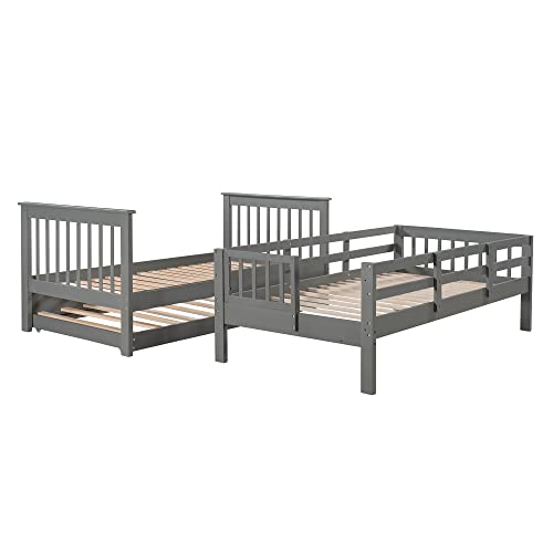 White Twin Over Twin Solid Wood Bunk Bed with Stairs and Trundle M7581