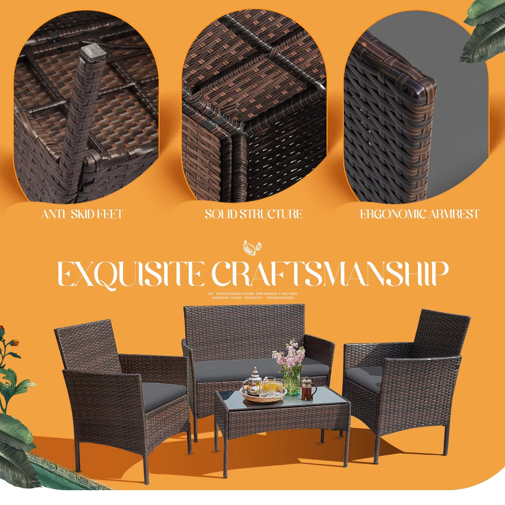 4 Pieces Brown PE Rattan Patio Conversation Set X151613