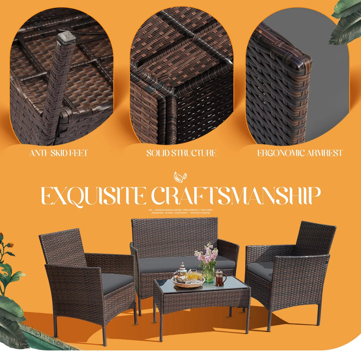4 Pieces Brown PE Rattan Patio Conversation Set X151613