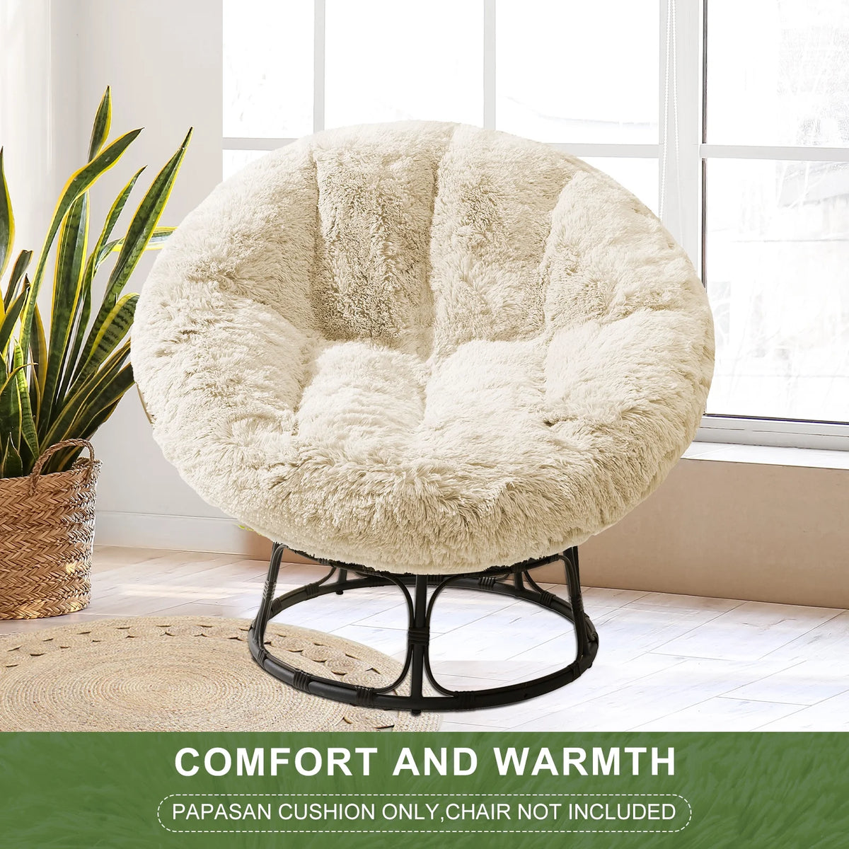White 48X48 Inch Papasan Chair Cushion with Faux Fur Cover L41196