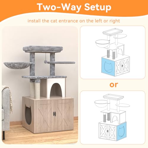 Grey Litter Box Enclosure with Cat Tree and Sisal Scratching Post R2079