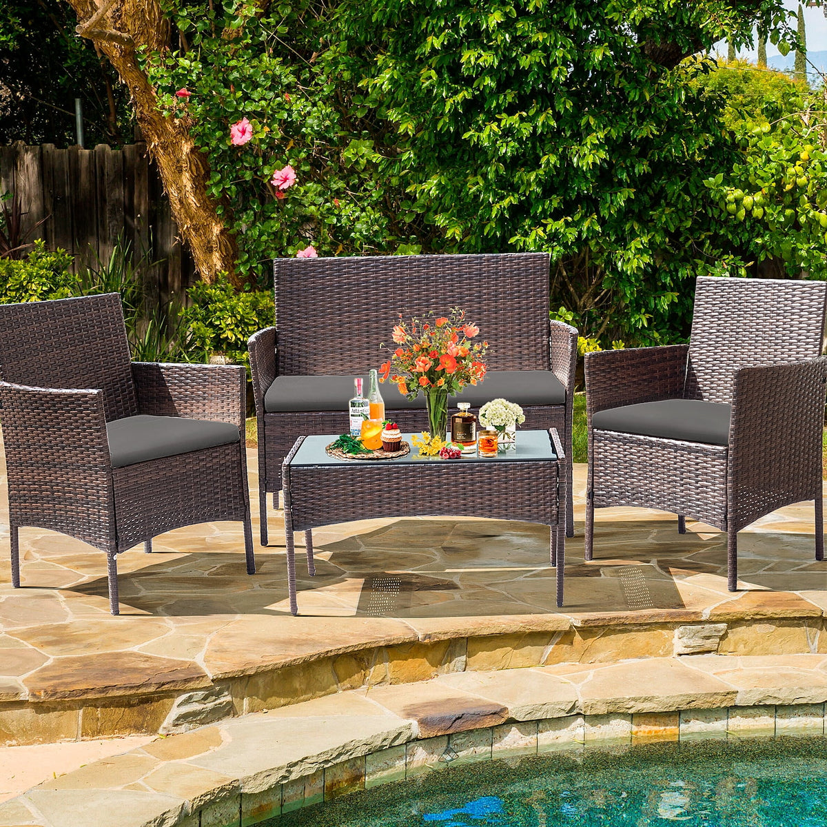 4 Pieces Brown PE Rattan Patio Conversation Set X151613