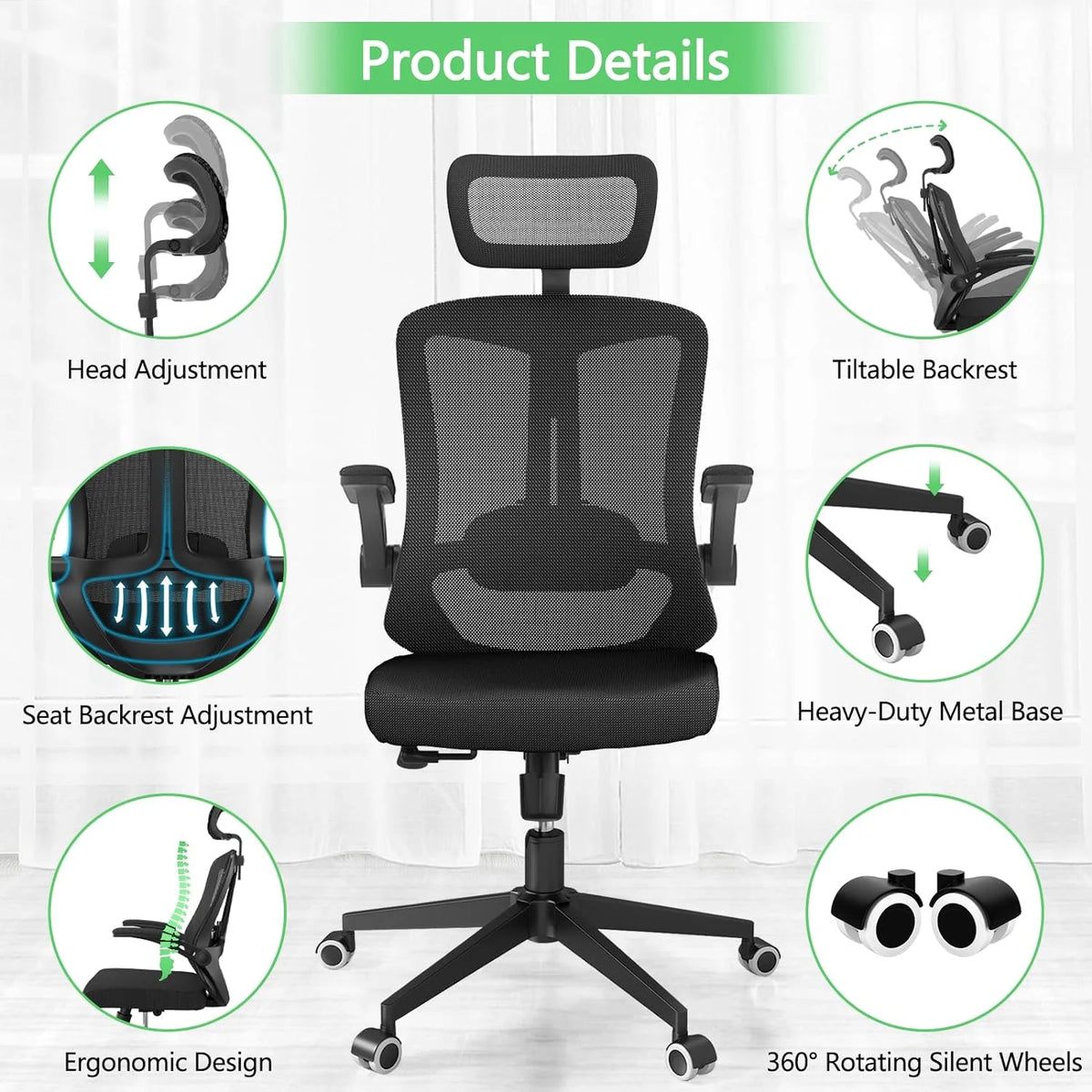 Khaki Ergonomic Mesh Computer Chair with Lumbar Support Y7200