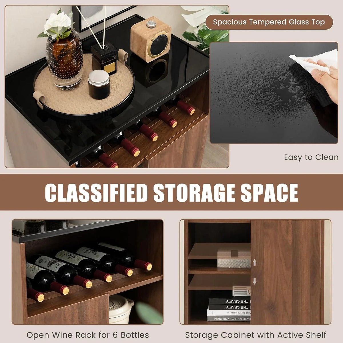 Wine Cabinet Sideboard Buffet with Tempered Glass Top Sliding Door P9760