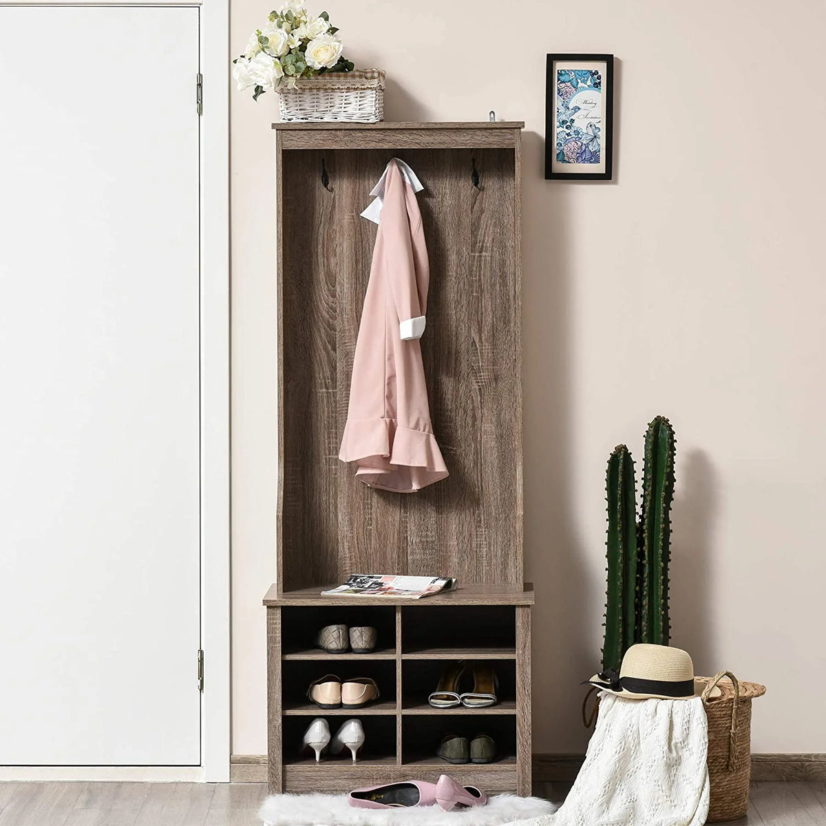 Rustic Brown Hall Tree with Coat Rack and Storage S364