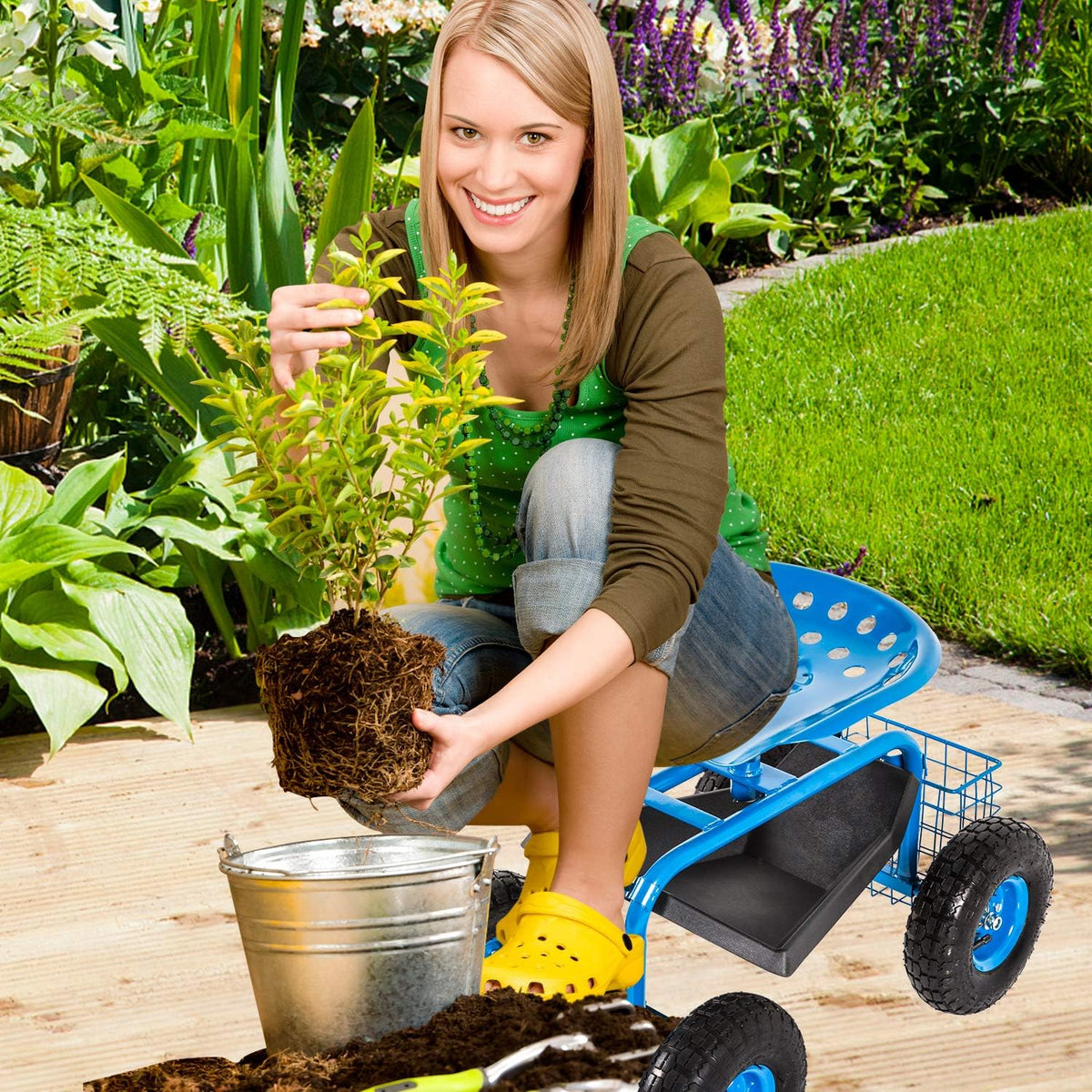 Heavy Duty Rolling Garden Cart with Extendable Steer Handle E912