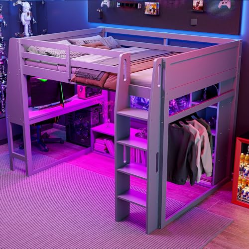Full Size Solid Wood Loft Bed with Desk and Storage, Grey U559