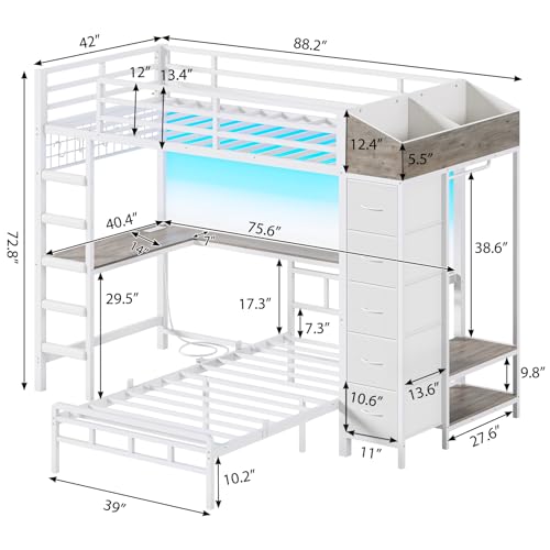 Twin Over Twin L-Shaped Bunk Bed with Desk, 5 Storage Drawers, Guardrail & Stairs, Black O106755