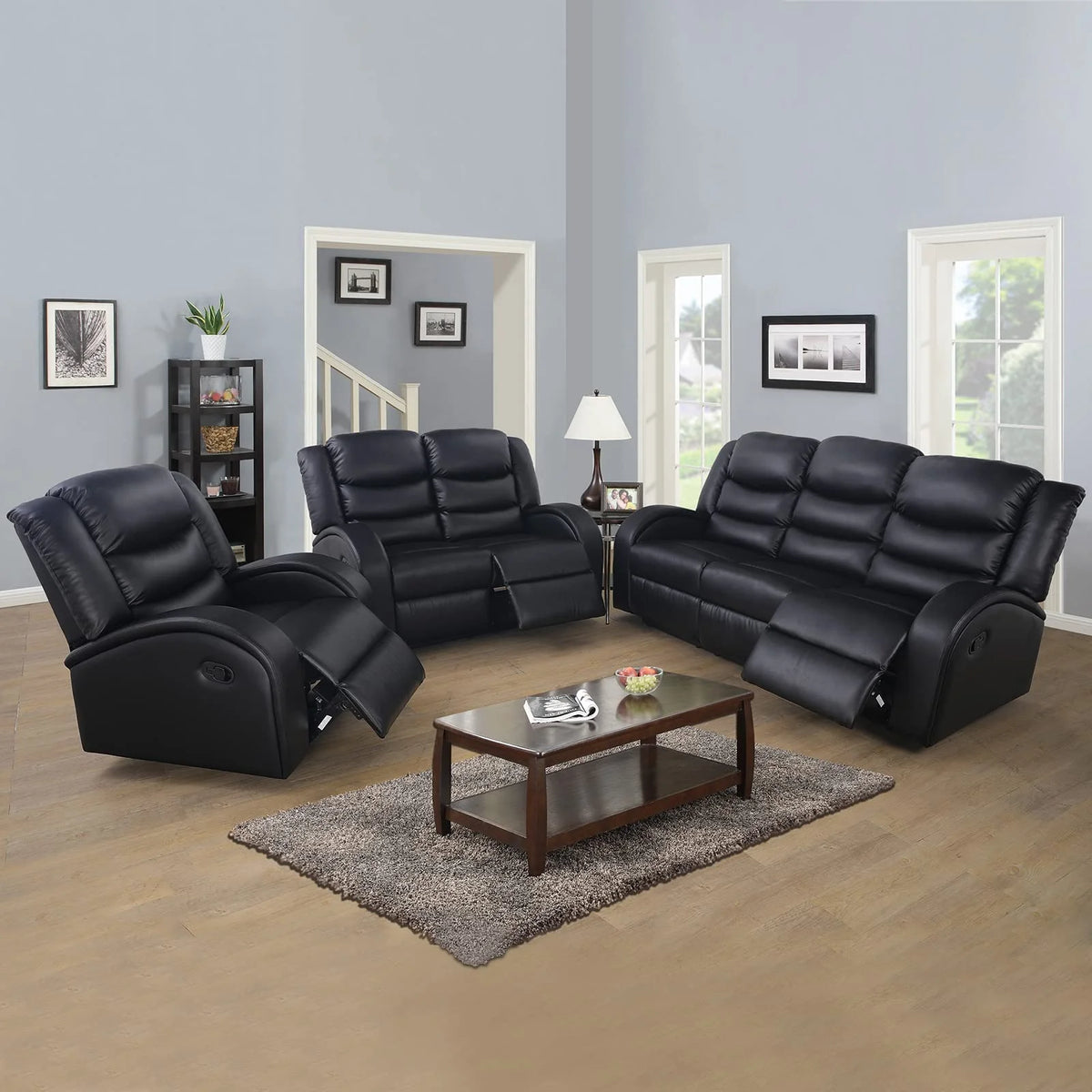 Black Leather 3 Piece Reclining Sofa and Loveseat Set A72707