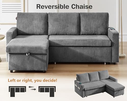Corduroy Grey L Shaped Sleeper Sofa with Storage Chaise J86254