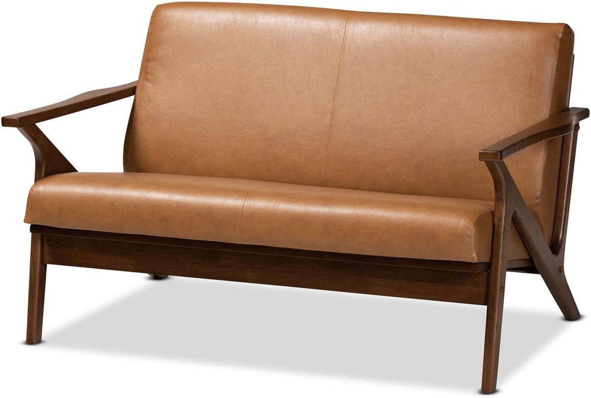 Walnut Brown Wood and Tan Faux Leather Loveseat P81556