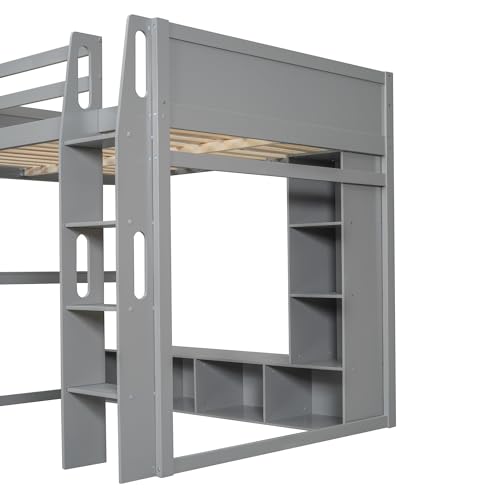Full Size Solid Wood Loft Bed with Desk and Storage, Grey U559