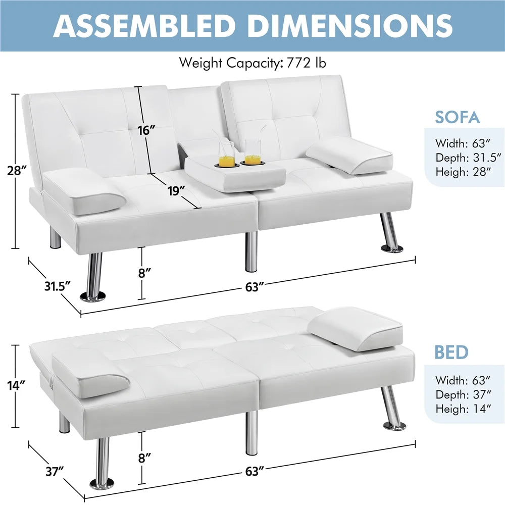 White Faux Leather Futon Sofa Bed with Cup Holders C59052