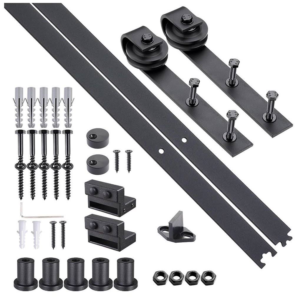 6 ft Carbon Steel Sliding Barn Door Hardware Kit Track Rail Roller Set Black L907074