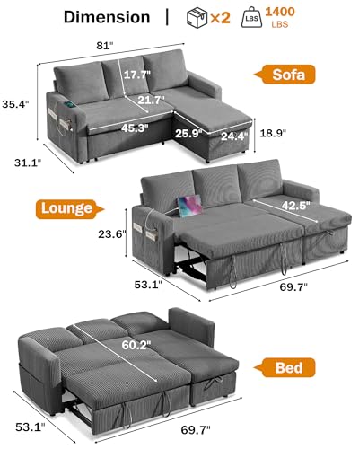 Corduroy Grey L Shaped Sleeper Sofa with Storage Chaise J86254